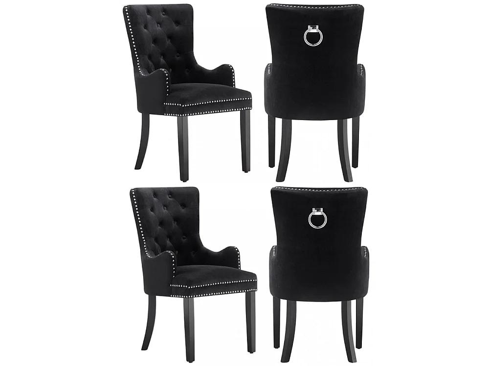 Windsor - Lot de 4 Chaises Capitonnée en Velours - Avec Accoudoirs - Pieds en Bois - Noir