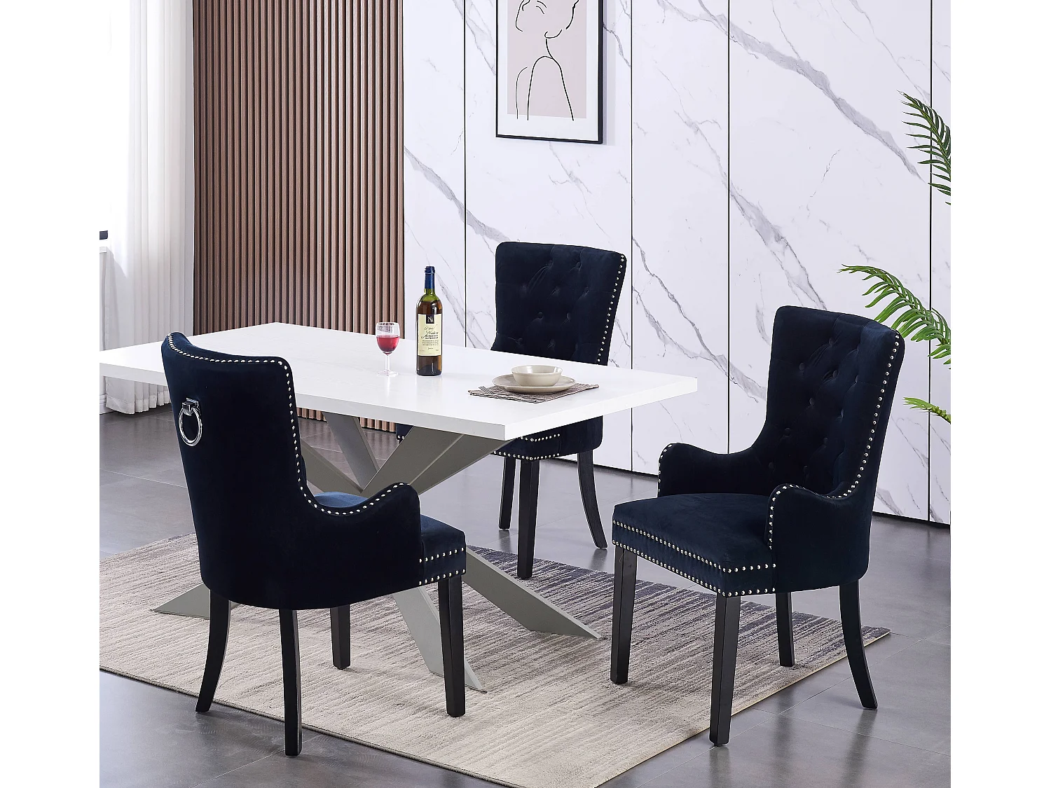 Windsor - Lot de 4 Chaises Capitonnée en Velours - Avec Accoudoirs - Pieds en Bois - Noir