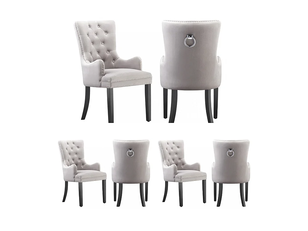Windsor - Lot de 6 Chaises Capitonnée en Velours - Avec Accoudoirs - Pieds en Bois - Gris Clair