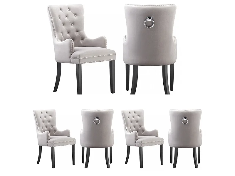Windsor - Lot de 6 Chaises Capitonnée en Velours - Avec Accoudoirs - Pieds en Bois - Gris Clair