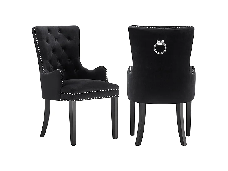 Windsor - Lot de 2 Chaises Capitonnée en Velours - Avec Accoudoirs - Pieds en Bois - Noir