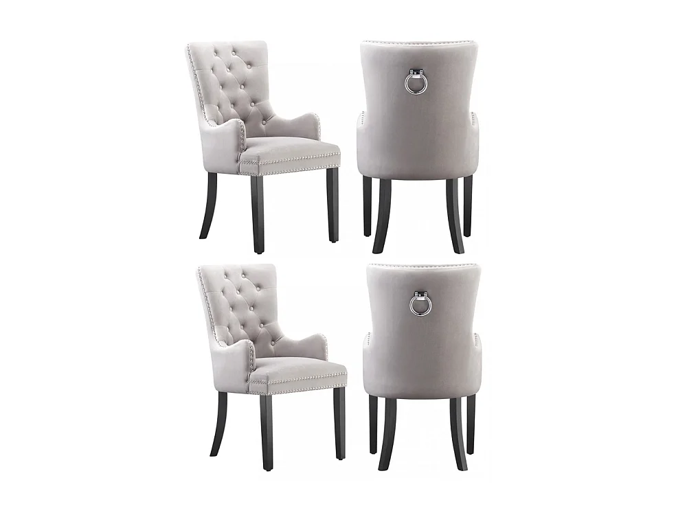 Windsor - Lot de 4 Chaises Capitonnée en Velours - Avec Accoudoirs - Pieds en Bois - Gris Clair