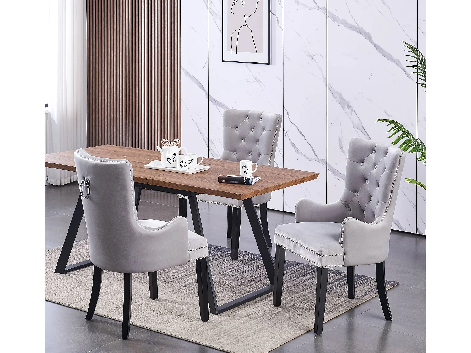 Windsor - Lot de 4 Chaises Capitonnée en Velours - Avec Accoudoirs - Pieds en Bois - Gris Clair