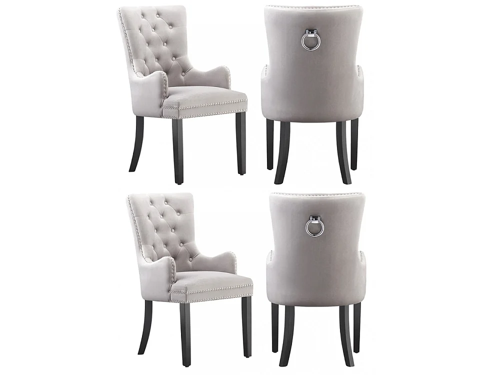 Windsor - Lot de 4 Chaises Capitonnée en Velours - Avec Accoudoirs - Pieds en Bois - Gris Clair