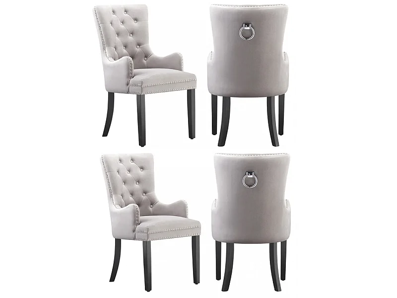 Windsor - Lot de 4 Chaises Capitonnée en Velours - Avec Accoudoirs - Pieds en Bois - Gris Clair