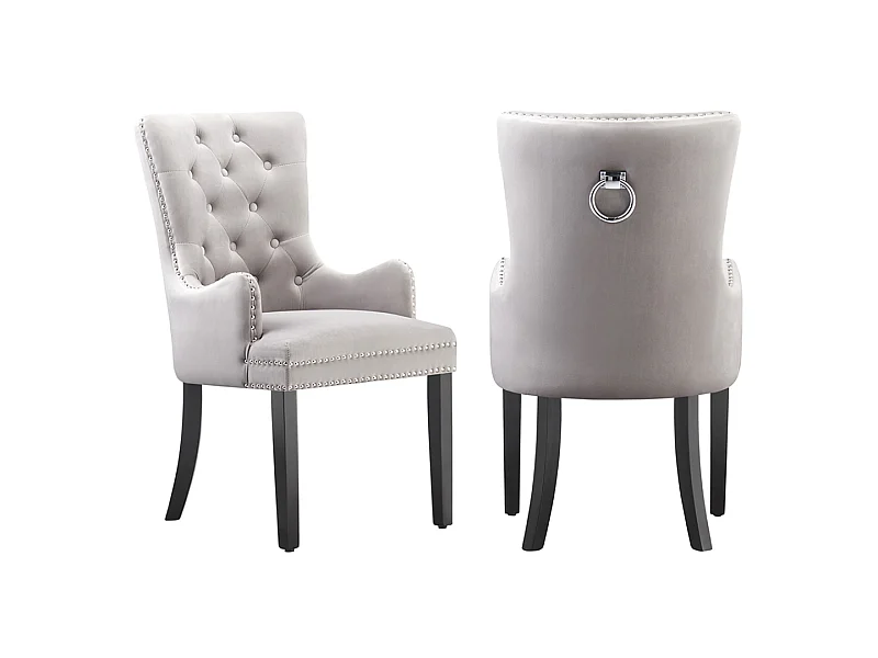 Windsor - Lot de 2 Chaises Capitonnée en Velours - Avec Accoudoirs - Pieds en Bois - Gris Clair