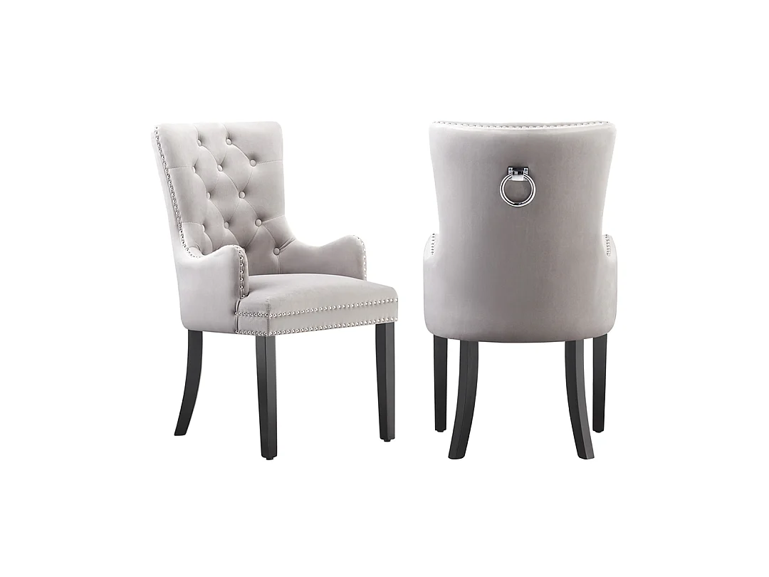Windsor - Lot de 2 Chaises Capitonnée en Velours - Avec Accoudoirs - Pieds en Bois - Gris Clair