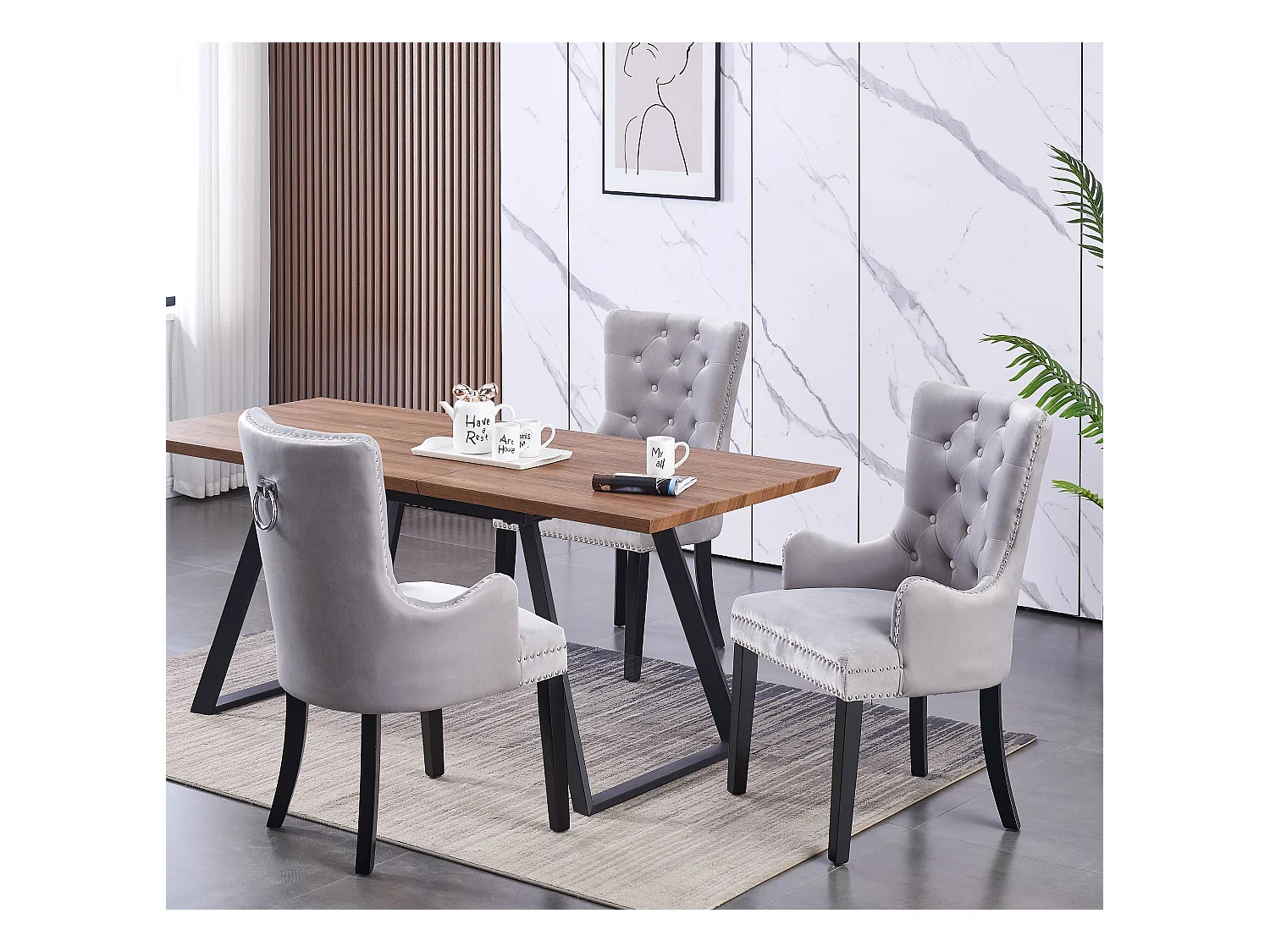 Windsor - Lot de 2 Chaises Capitonnée en Velours - Avec Accoudoirs - Pieds en Bois - Gris Clair