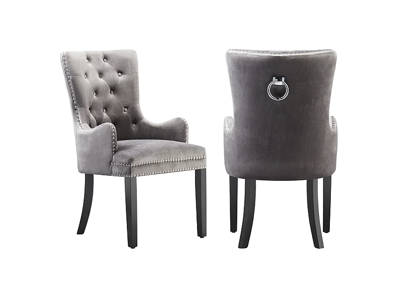 Windsor - Lot de 2 Chaises Capitonnée en Velours - Avec Accoudoirs - Pieds en Bois - Gris Foncé