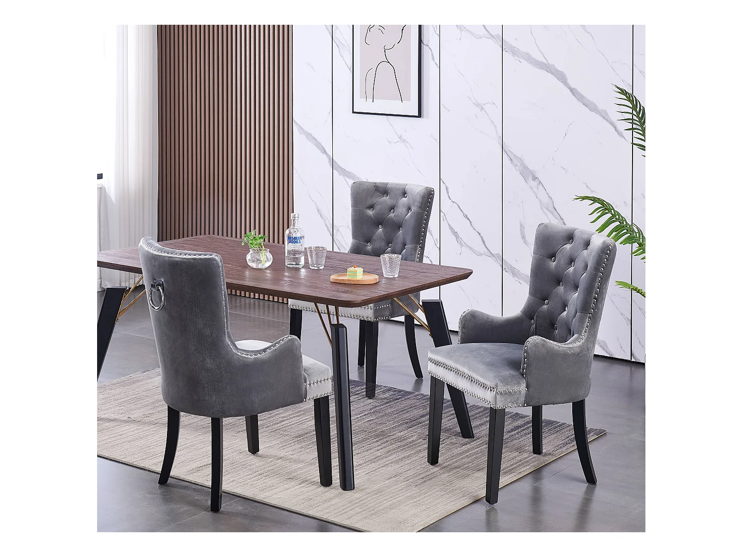 Windsor - Lot de 2 Chaises Capitonnée en Velours - Avec Accoudoirs - Pieds en Bois - Gris Foncé