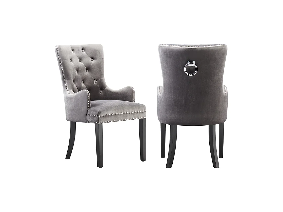Windsor - Lot de 2 Chaises Capitonnée en Velours - Avec Accoudoirs - Pieds en Bois - Gris Foncé