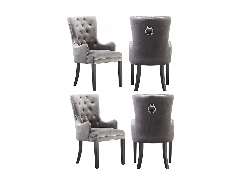 Windsor - Lot de 4 Chaises Capitonnée en Velours - Avec Accoudoirs - Pieds en Bois - Gris Foncé