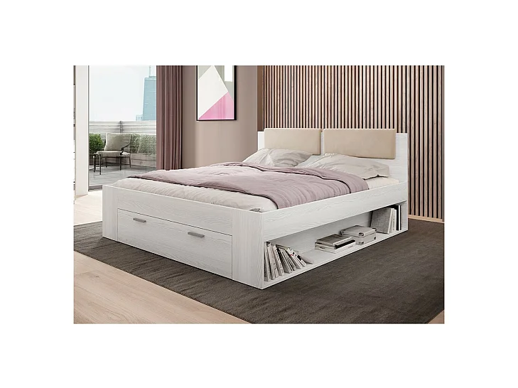 Lit adulte 160x200 avec tiroirs intégrés - Collection FLOYD. Coloris blanc effet bois.