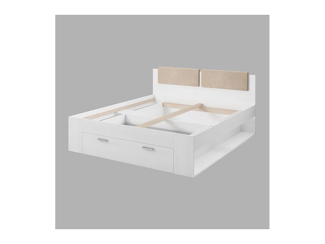 Lit adulte 160x200 avec tiroirs intégrés - Collection FLOYD. Coloris blanc effet bois.