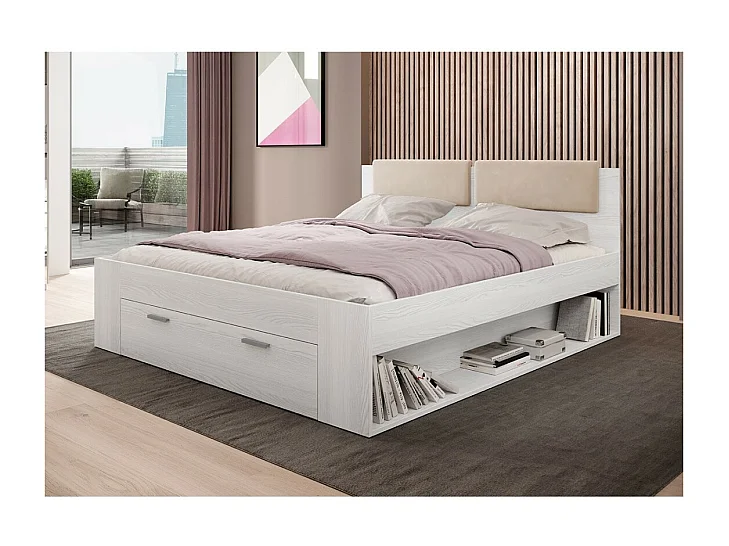 Letto adulto 160x200 con cassetti integrati - Collezione FLOYD. Colore bianco effetto legno.