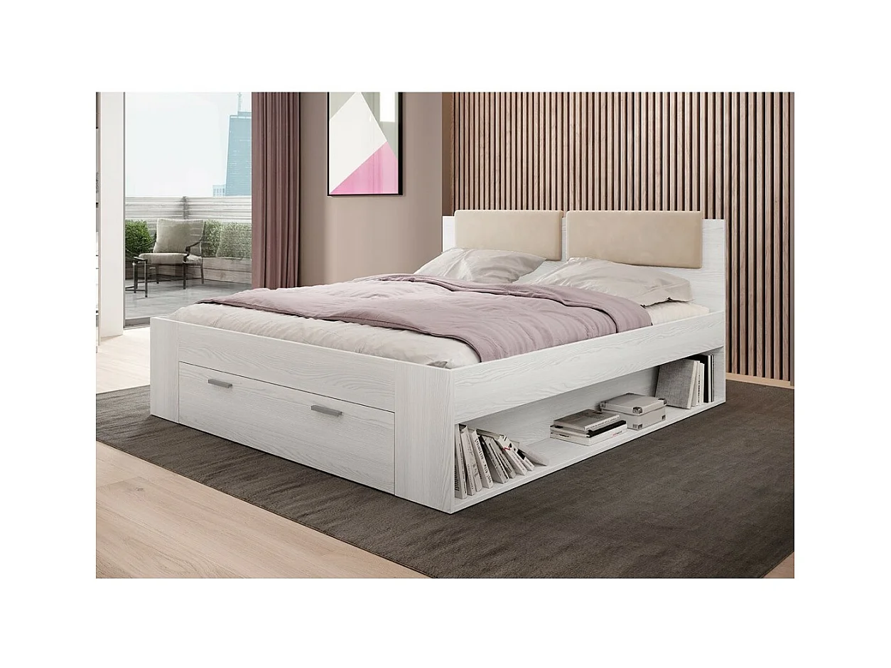 Lit adulte 140x200 avec tiroirs intégrés - Collection FLOYD. Coloris blanc effet bois.
