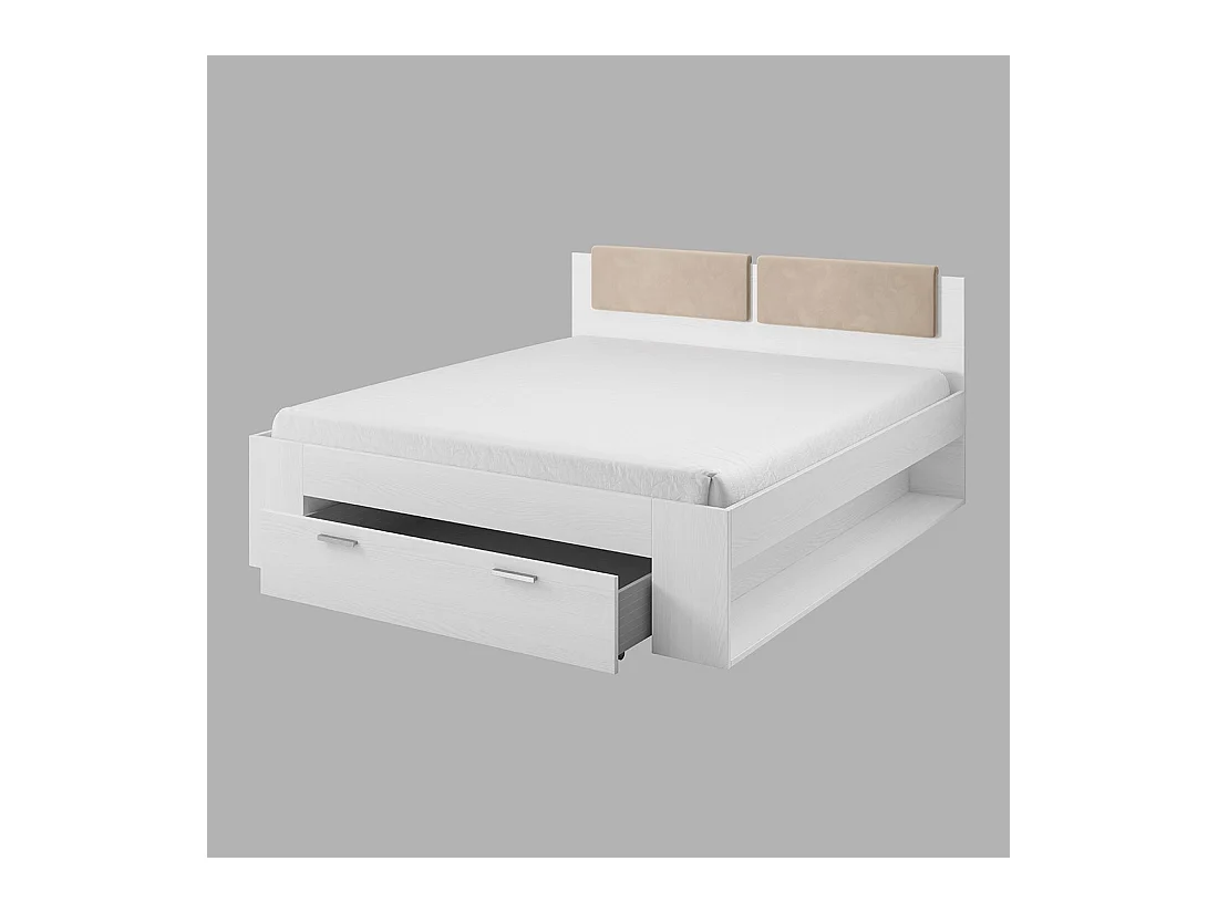 Lit adulte 140x200 avec tiroirs intégrés - Collection FLOYD. Coloris blanc effet bois.