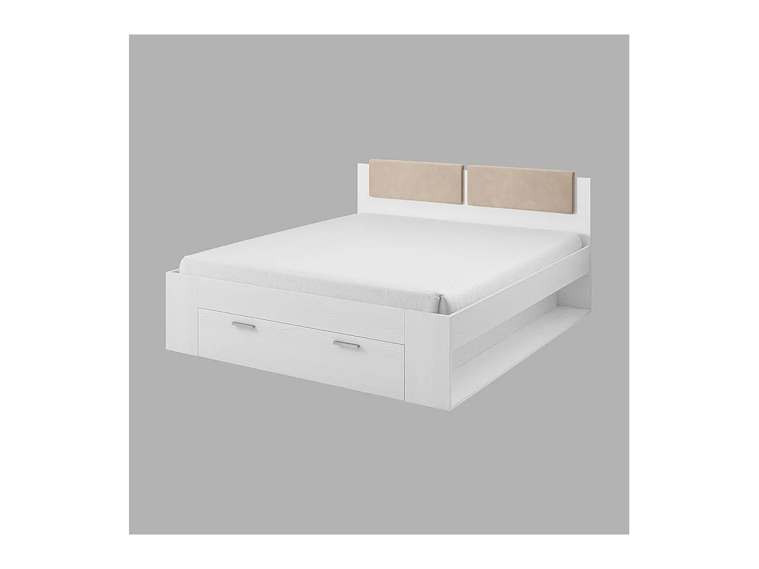 Lit adulte 140x200 avec tiroirs intégrés - Collection FLOYD. Coloris blanc effet bois.