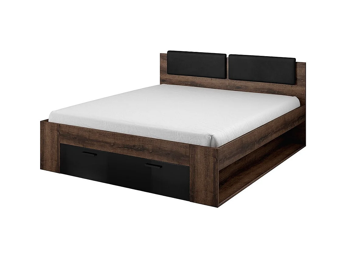 Cama de adulto 180x200 com gavetas integradas - Coleção FLOYD. Cor carvalho escuro e preto.