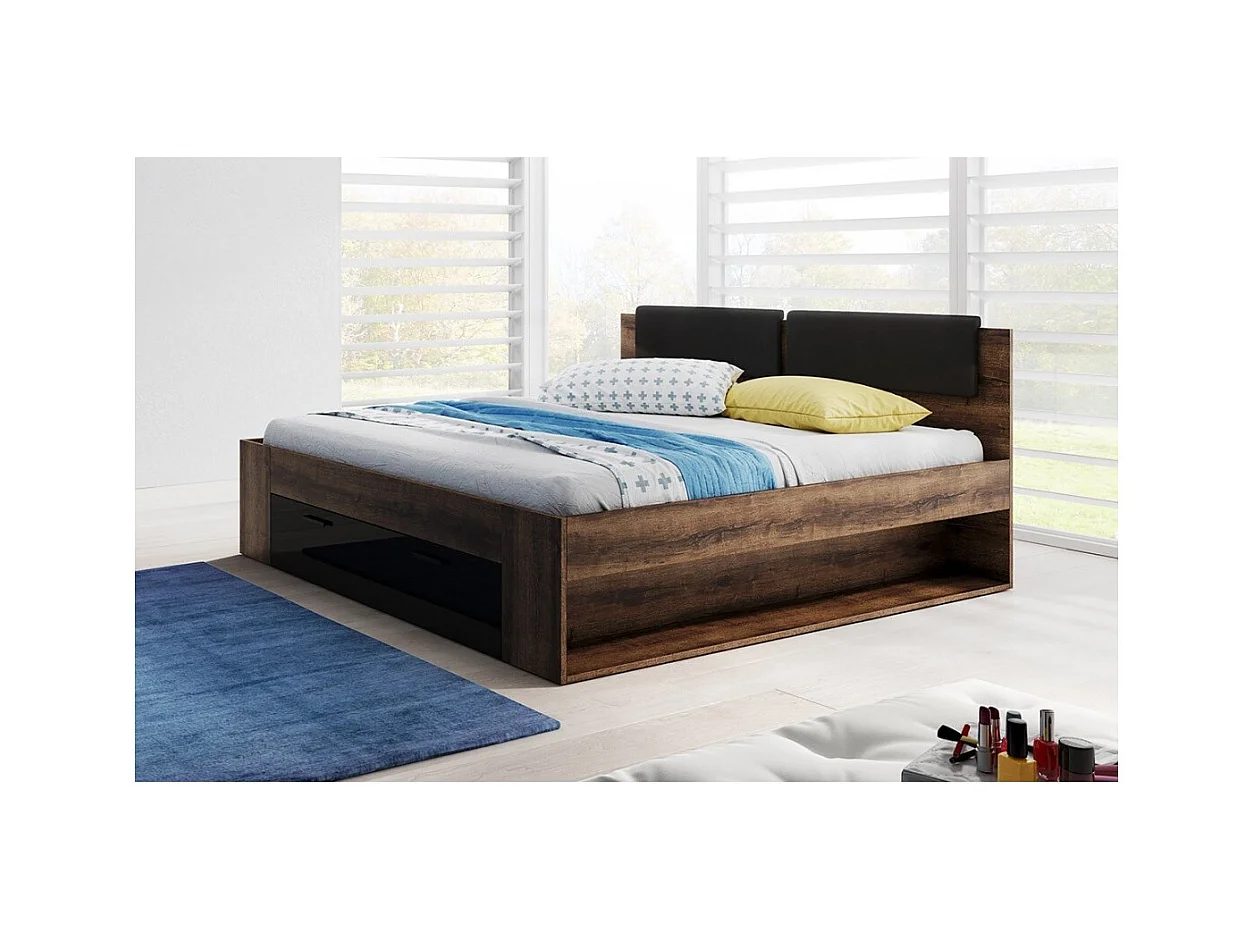 Cama de adulto 180x200 com gavetas integradas - Coleção FLOYD. Cor carvalho escuro e preto.