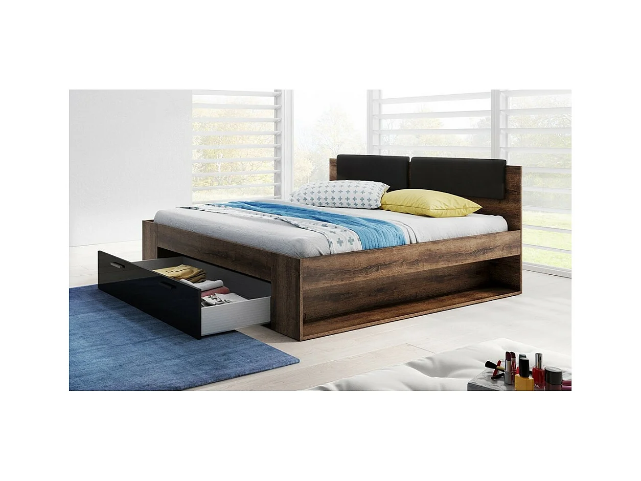 Cama de adulto 180x200 com gavetas integradas - Coleção FLOYD. Cor carvalho escuro e preto.