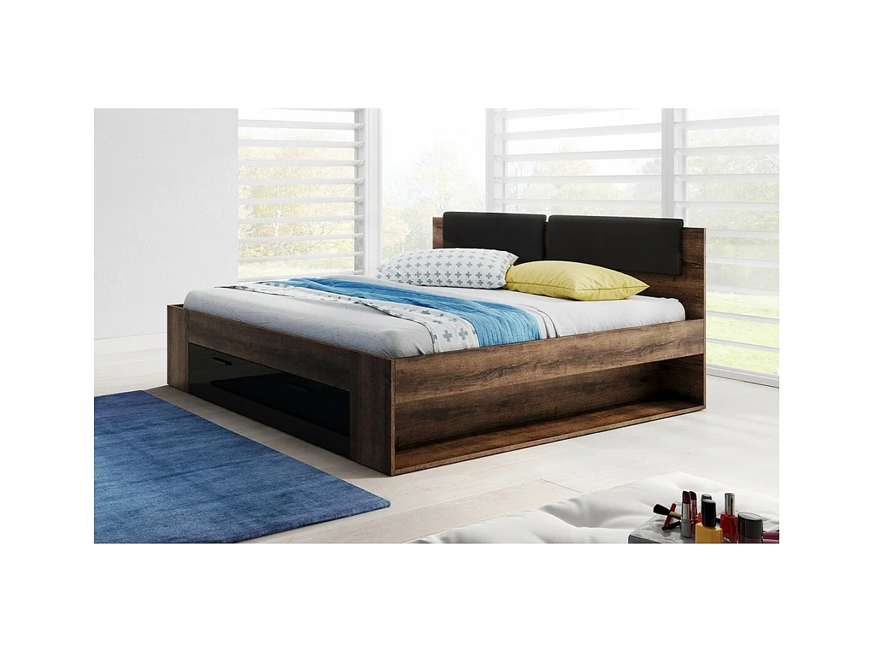 Tweepersoonsbed 140x200 met ingebouwde lades - Collectie FLOYD. Kleur donkereiken en zwart.