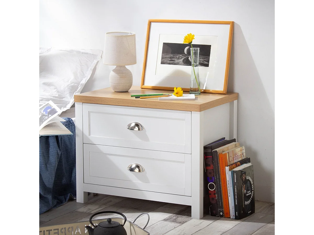 Chevet 2 Tiroirs Blanc et Décor Chêne - L60 x H48 cm