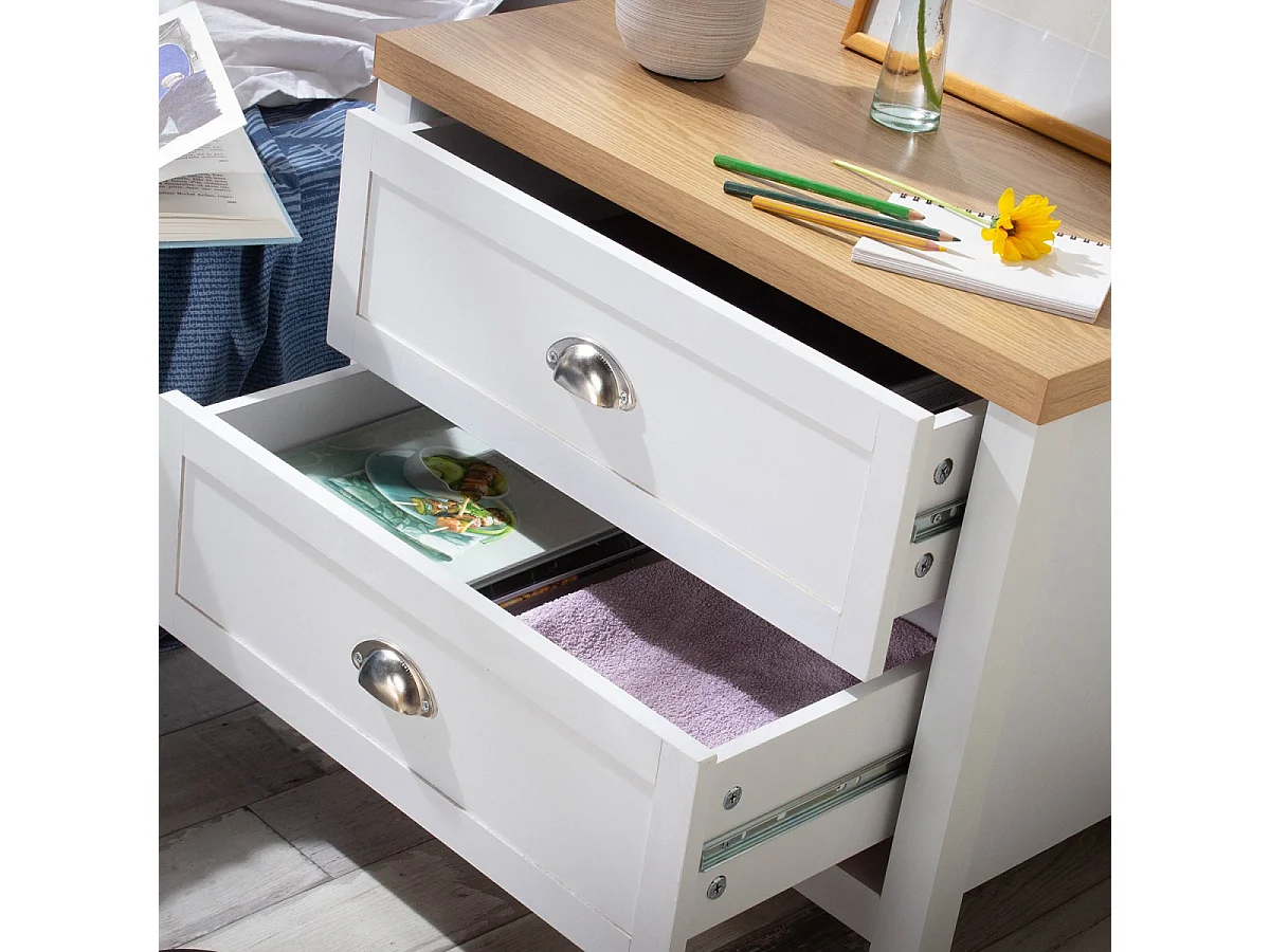 Chevet 2 Tiroirs Blanc et Décor Chêne - L60 x H48 cm