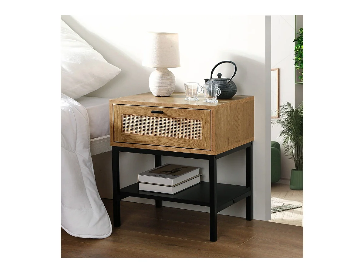 Nachttisch mit Rattanfront, Schublade und einem Regal H50 cm - JAYA