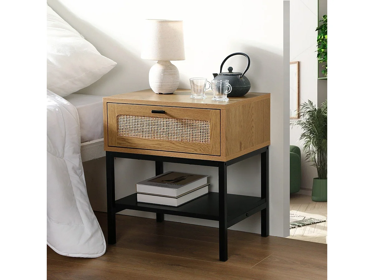 Table de Chevet 1 Tiroir Rotin avec Étagère H50 cm - JAYA