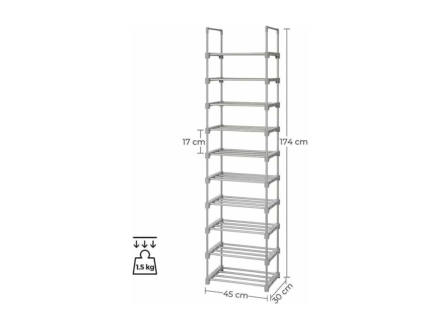 Etagère à chaussures en fer gris avec 10 niveaux modulables - L45 x H174 cm