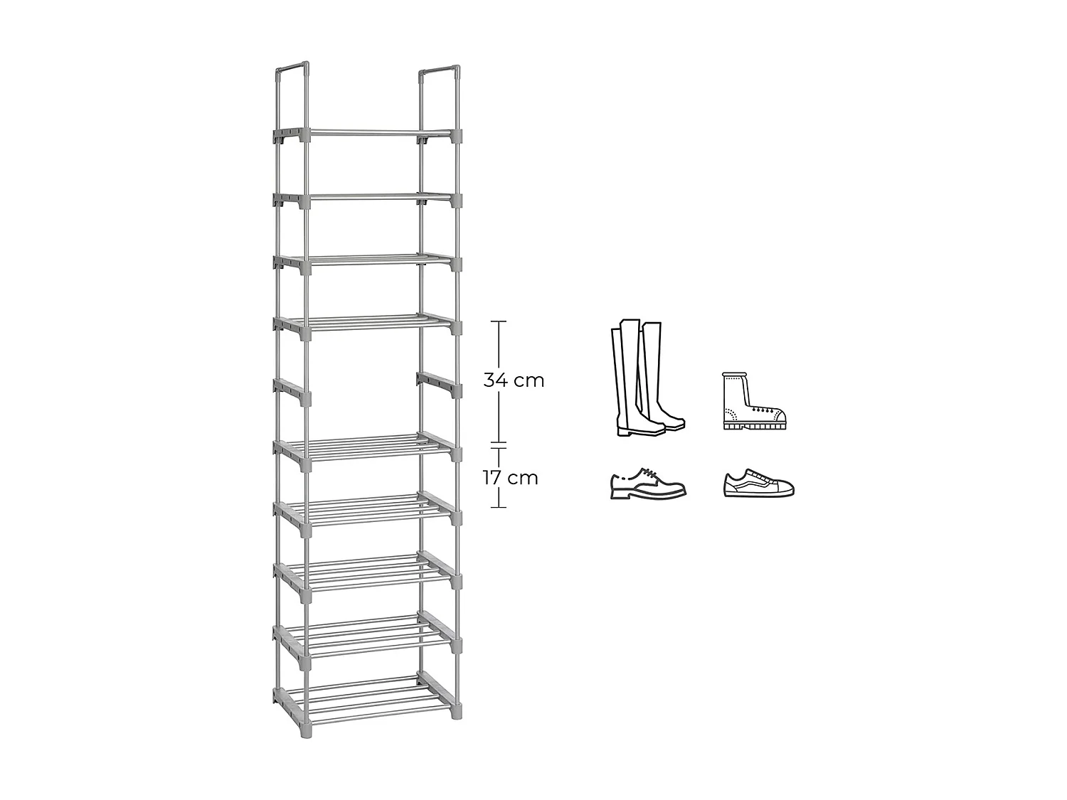 Etagère à chaussures en fer gris avec 10 niveaux modulables - L45 x H174 cm