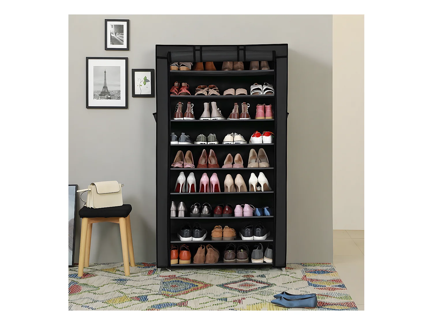 Armoire à chaussures noire à 10 niveaux avec housse de protection et fermeture éclair - L88 x H160 cm