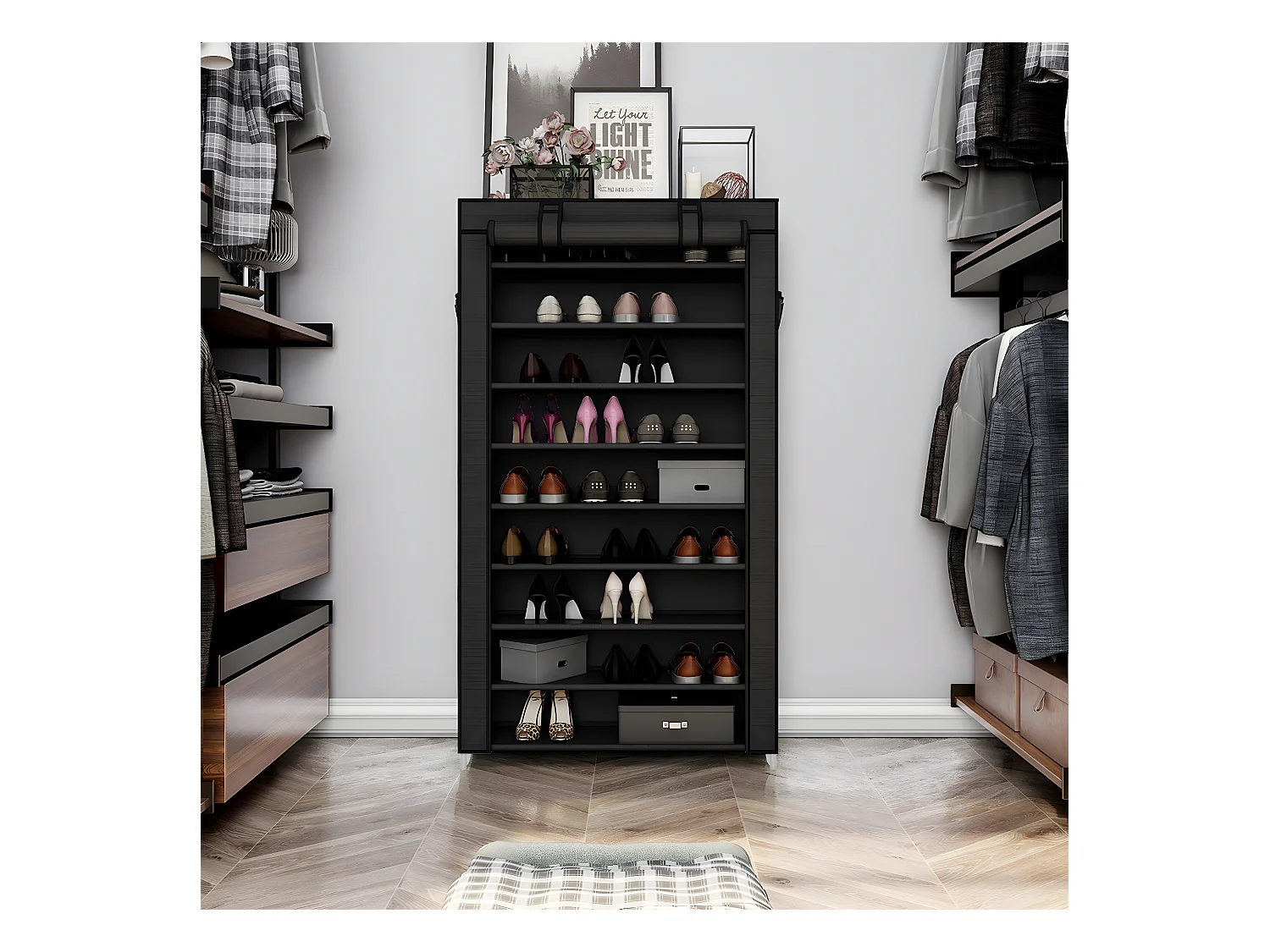 Armoire à chaussures noire à 10 niveaux avec housse de protection et fermeture éclair - L88 x H160 cm