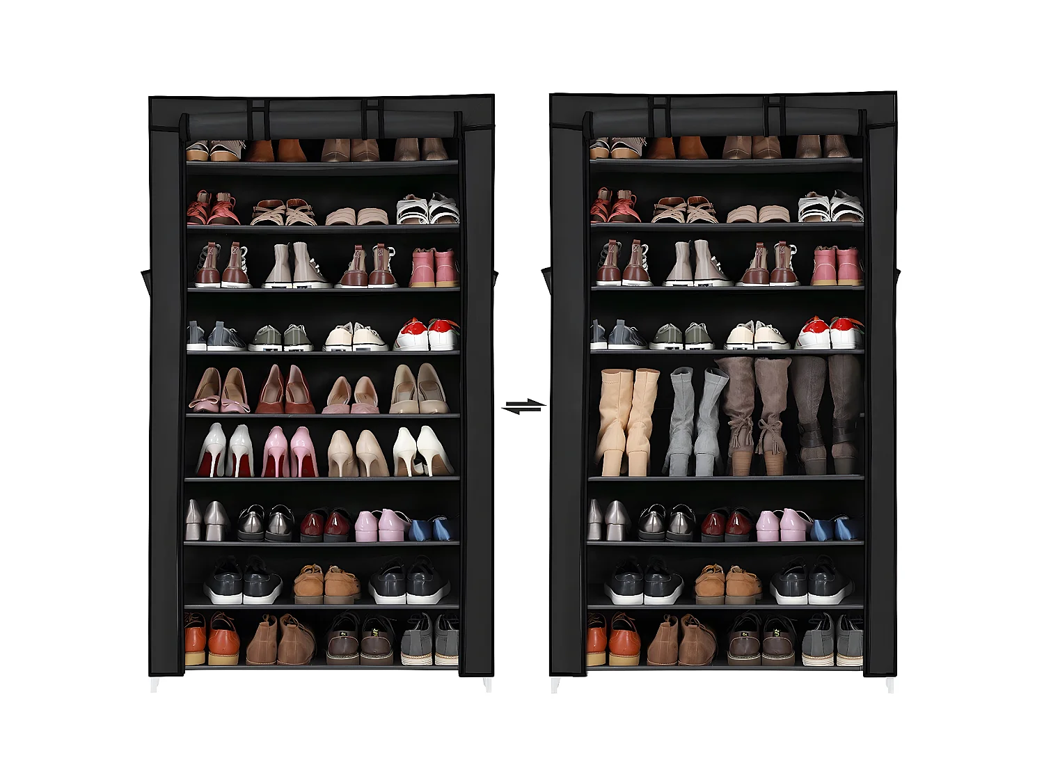 Armoire à chaussures noire à 10 niveaux avec housse de protection et fermeture éclair - L88 x H160 cm