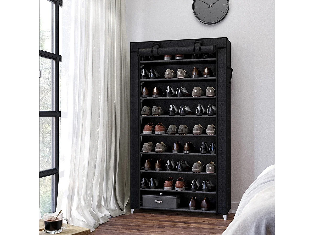 Armoire à chaussures noire à 10 niveaux avec housse de protection et fermeture éclair - L88 x H160 cm