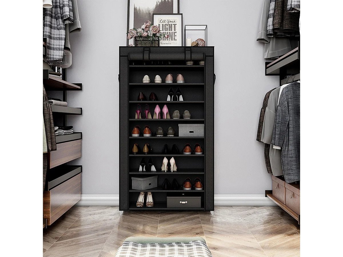 Armoire à chaussures noire à 10 niveaux avec housse de protection et fermeture éclair - L88 x H160 cm