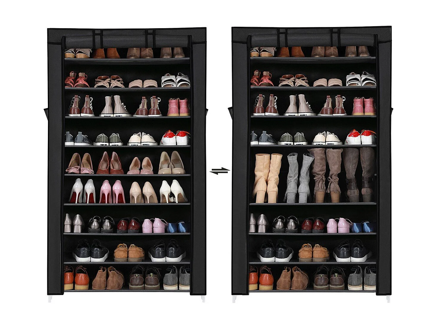 Armoire à chaussures noire à 10 niveaux avec housse de protection et fermeture éclair - L88 x H160 cm