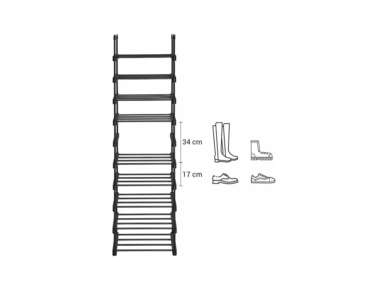 Etagère à Chaussures en Fer Noir avec 10 Niveaux Modulables - L45 x H174 cm
