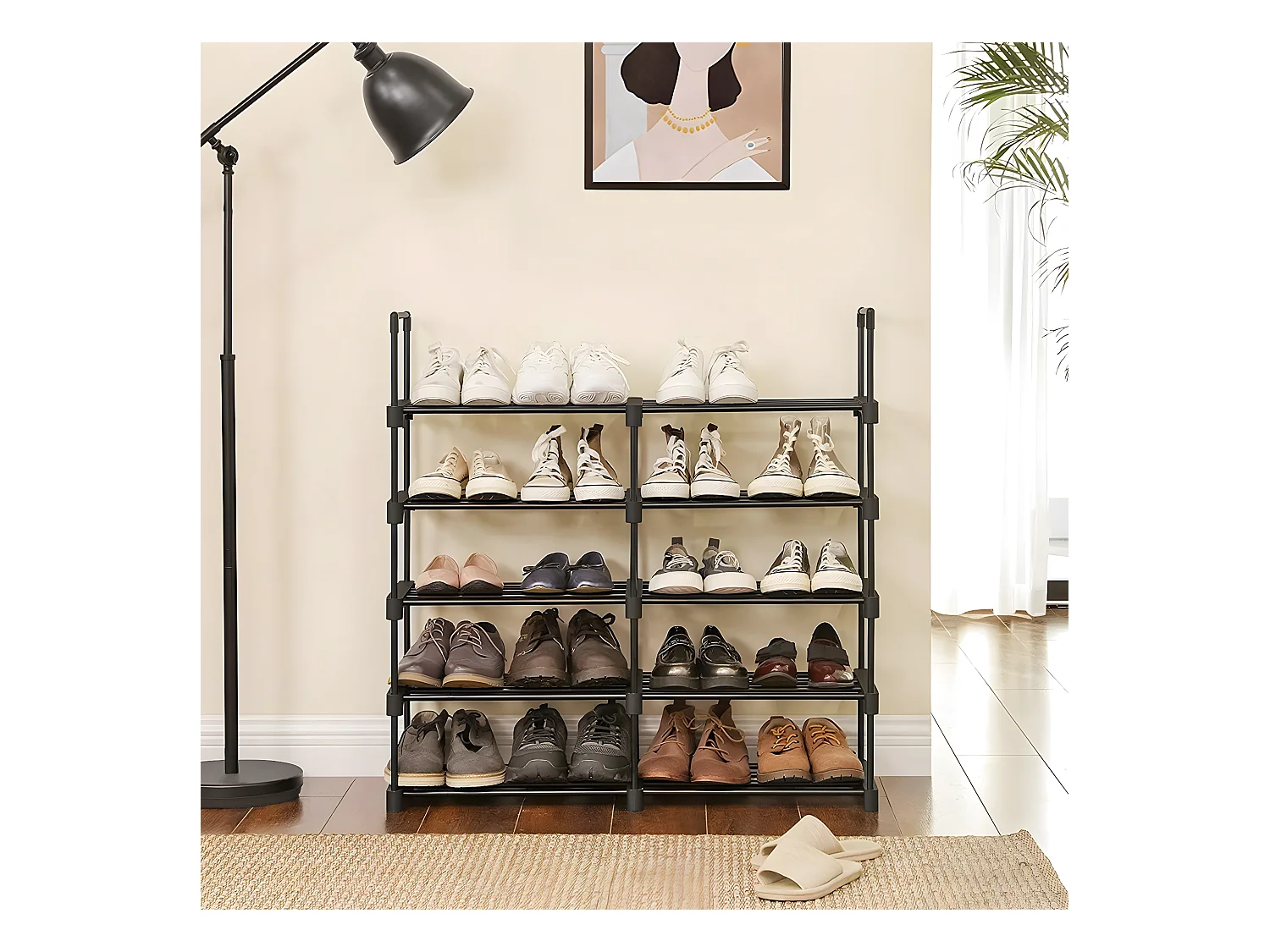 Etagère à Chaussures en Fer Noir avec 10 Niveaux Modulables - L45 x H174 cm