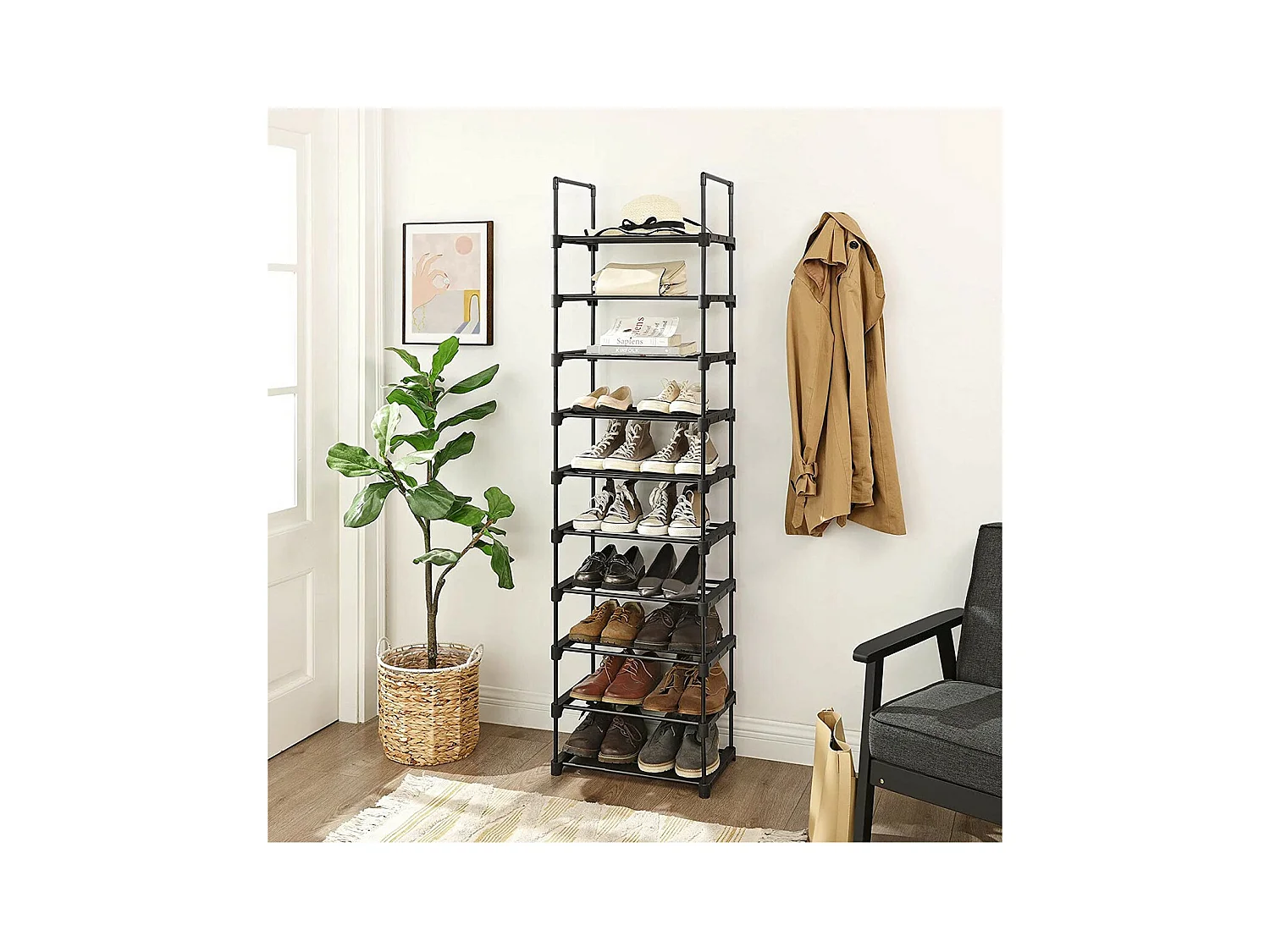Etagère à Chaussures en Fer Noir avec 10 Niveaux Modulables - L45 x H174 cm