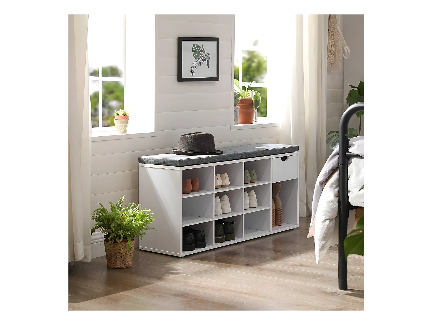Schuhaufbewahrungsbank weiß 10 Nischen 1 Schublade