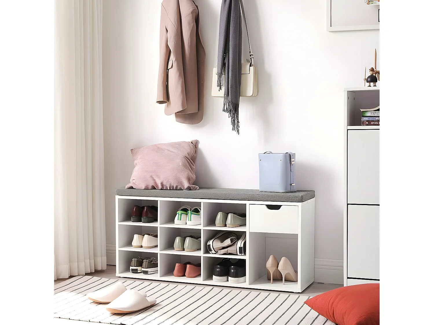 Banc de rangement chaussures blanc 10 niches 1 tiroir