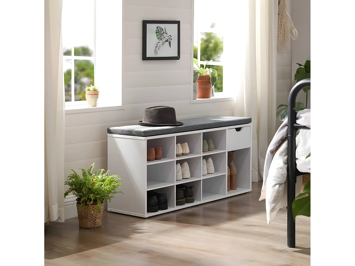 Banc de rangement chaussures blanc 10 niches 1 tiroir