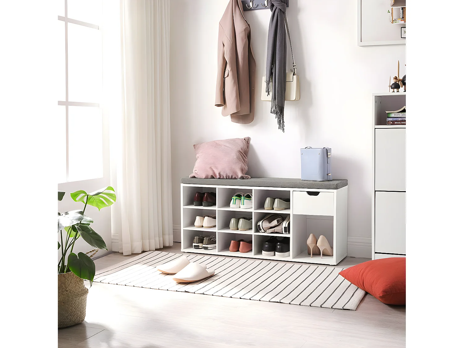 Banc de rangement chaussures blanc 10 niches 1 tiroir