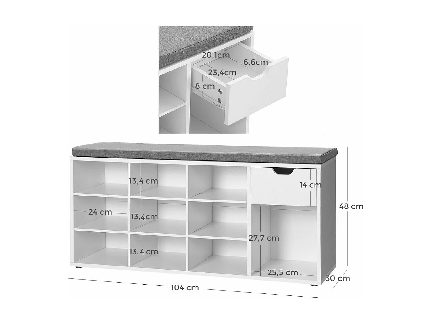 Banc de rangement chaussures blanc 10 niches 1 tiroir