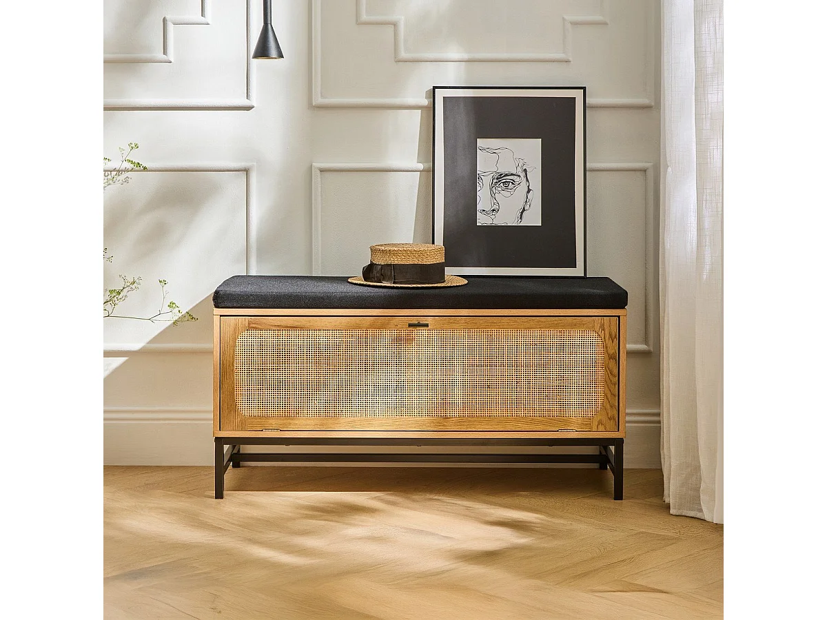 Banc d'entrée avec rangements, façade en rotin L100 cm - JAYA