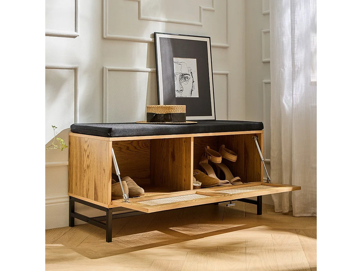 Banc d'entrée avec rangements, façade en rotin L100 cm - JAYA