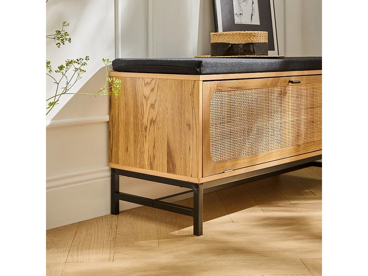 Banc d'entrée avec rangements, façade en rotin L100 cm - JAYA