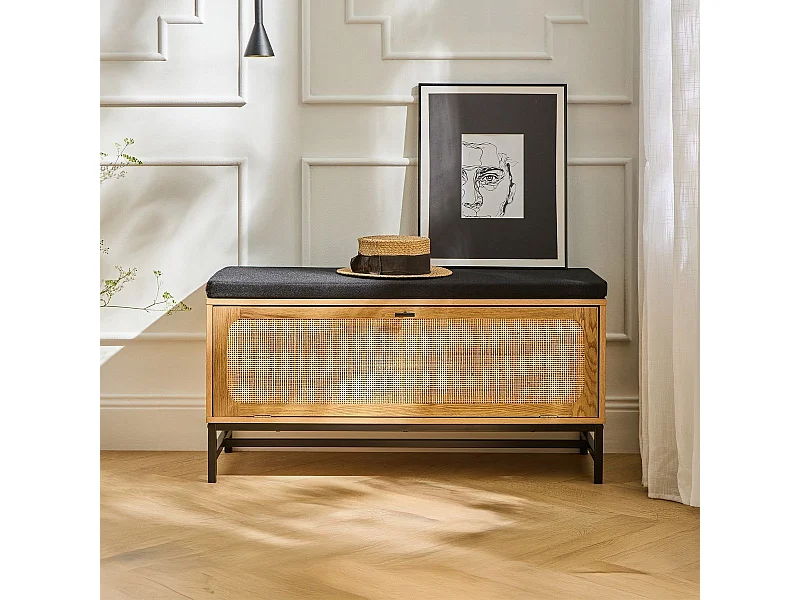 Panca portascarpe effetto legno e frontale in rattan L100 cm